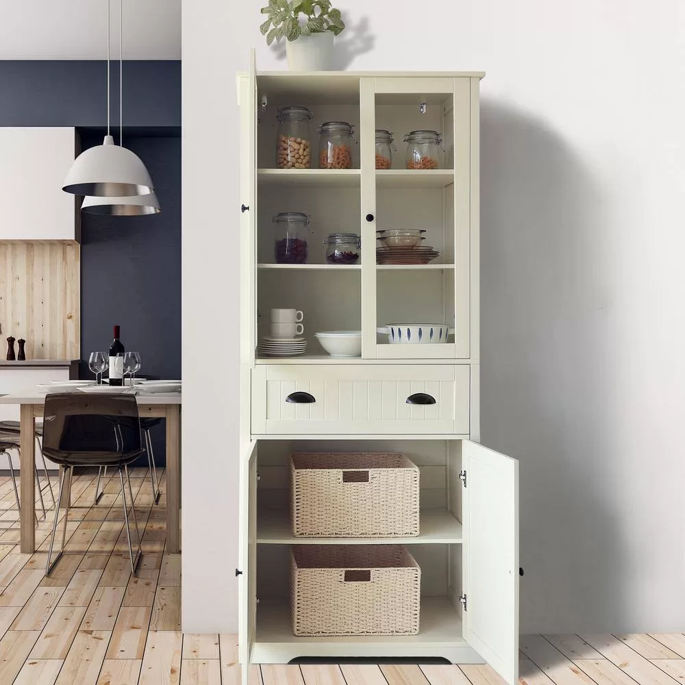 VEIKOUS 72 in. H Off-White Kitchen Storage Pantry Cabinet Closet with Doors and Adjustable Shelves