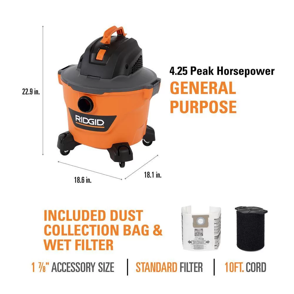 RIDGID HD0900B 9 Gallon 4.25 Peak HP NXT Wet/Dry Shop Vacuum with Standard Filter, Wet Filter, Dust Bags, Locking Hose and Accessories