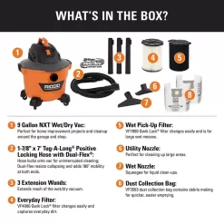 RIDGID HD0900B 9 Gallon 4.25 Peak HP NXT Wet/Dry Shop Vacuum with Standard Filter, Wet Filter, Dust Bags, Locking Hose and Accessories