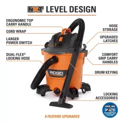 RIDGID HD1200A 12 Gallon 5.0 Peak HP NXT Wet/Dry Shop Vacuum with Filter, Locking Hose, Accessories and Premium Car Cleaning Kit