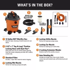 RIDGID HD1200A 12 Gallon 5.0 Peak HP NXT Wet/Dry Shop Vacuum with Filter, Locking Hose, Accessories and Premium Car Cleaning Kit