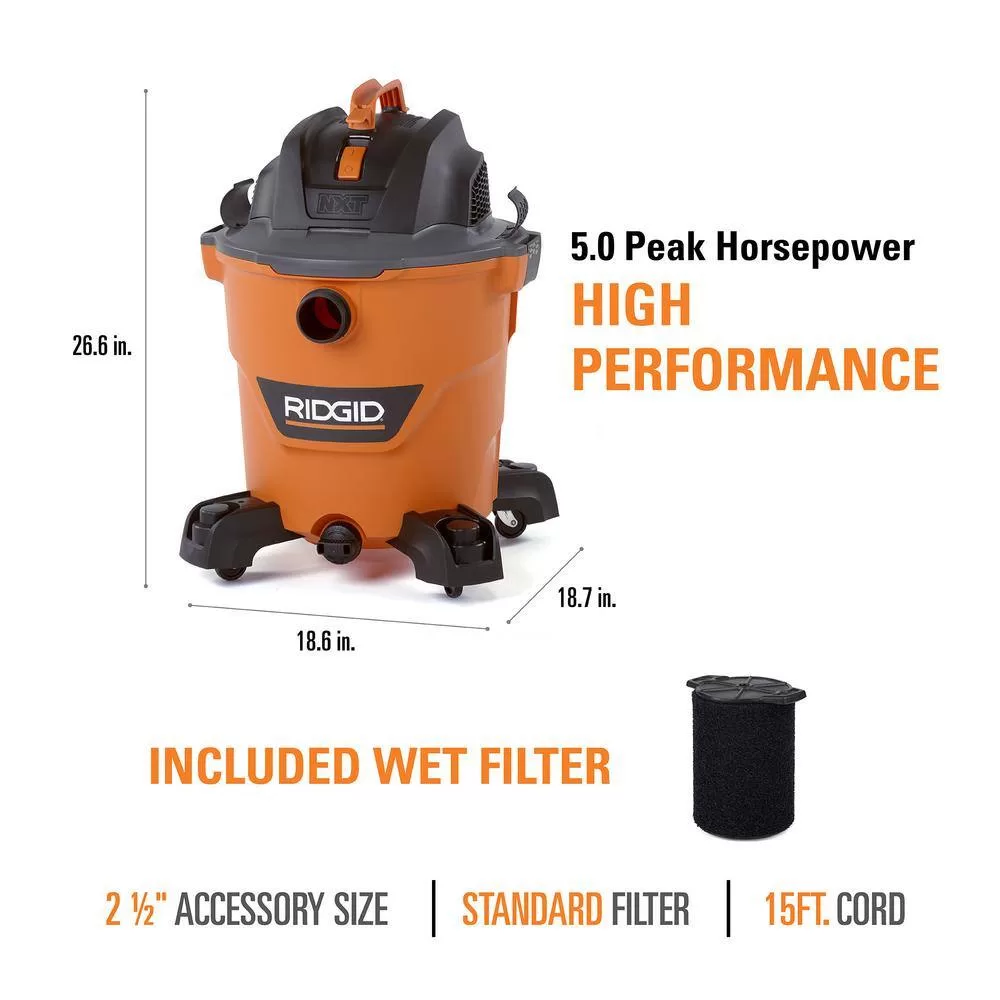 RIDGID HD1200C 12 Gallon 5.0 Peak HP NXT Wet/Dry Shop Vacuum with Filter, Locking Hose, Accessories and Wet Application Filter