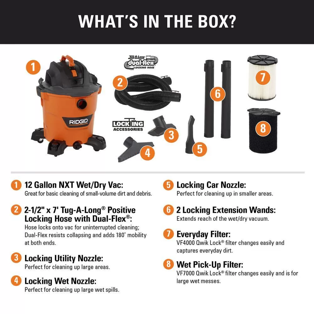 RIDGID HD1200C 12 Gallon 5.0 Peak HP NXT Wet/Dry Shop Vacuum with Filter, Locking Hose, Accessories and Wet Application Filter