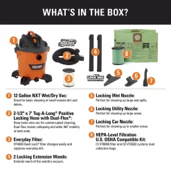 RIDGID HD1200E 12 Gallon 5.0 Peak HP NXT Wet/Dry Shop Vacuum with Filter, Locking Hose, Accessories, OSHA and HEPA Filtration Kit