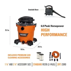 RIDGID HD1280A 12 Gallon 6.0 Peak HP NXT Wet/Dry Shop Vacuum with Detachable Blower, Two Additional Filters and Car Cleaning Kit