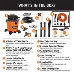 RIDGID HD1280A 12 Gallon 6.0 Peak HP NXT Wet/Dry Shop Vacuum with Detachable Blower, Two Additional Filters and Car Cleaning Kit