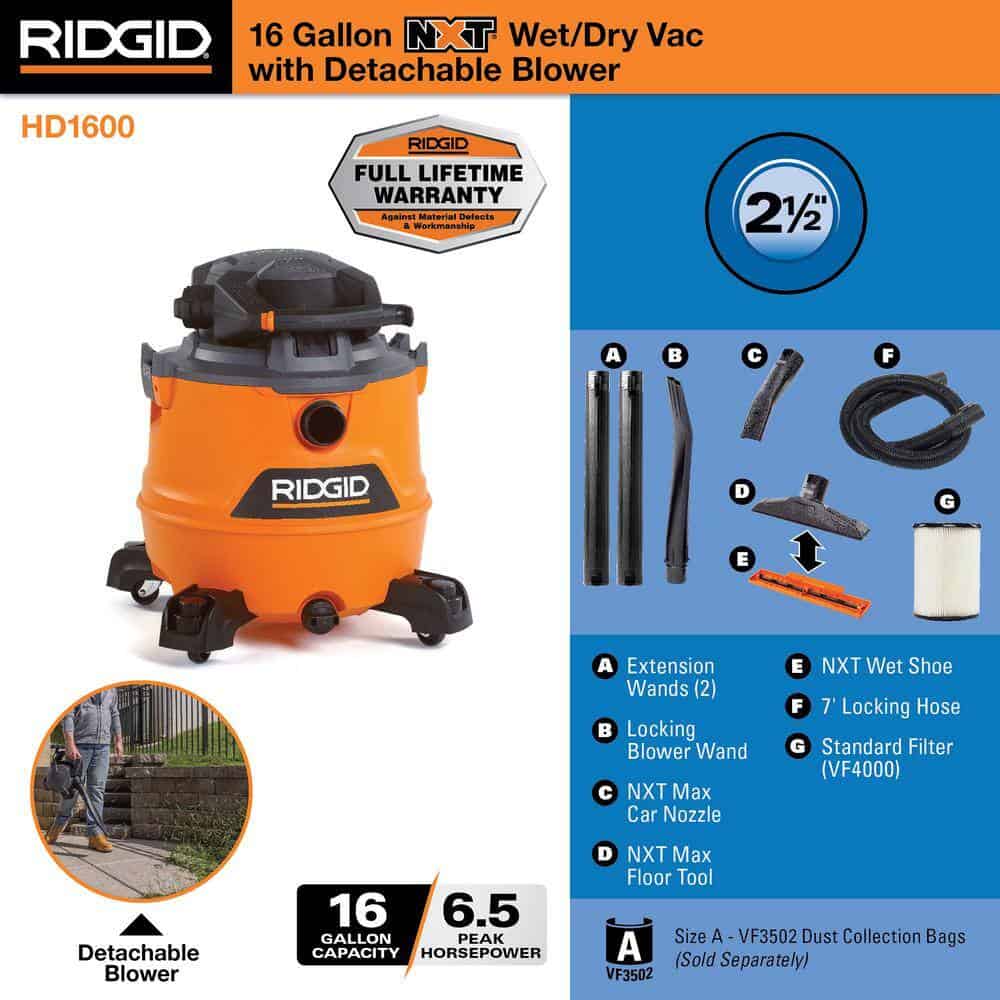 RIDGID HD1600 16 Gallon 6.5 Peak HP NXT Wet/Dry Shop Vacuum - Image 15