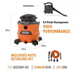 RIDGID HD1600C 16 Gallon 6.5 Peak HP NXT Wet/Dry Shop Vacuum with Detachable Blower, Filter, Hose, Accessories and Car Cleaning Kit