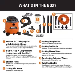 RIDGID HD1600C 16 Gallon 6.5 Peak HP NXT Wet/Dry Shop Vacuum with Detachable Blower, Filter, Hose, Accessories and Car Cleaning Kit