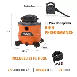 RIDGID HD1600D 16 Gallon 6.5 Peak HP NXT Wet/Dry Shop Vacuum with Detachable Blower, Filter, 7 ft Hose, 20 ft Hose and Accessories