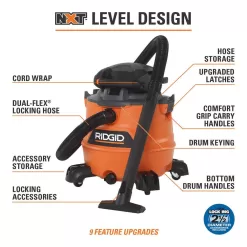 RIDGID HD1600D 16 Gallon 6.5 Peak HP NXT Wet/Dry Shop Vacuum with Detachable Blower, Filter, 7 ft Hose, 20 ft Hose and Accessories