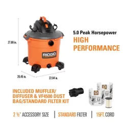 RIDGID HD1640A 16 Gallon 5.0 Peak HP NXT Wet/Dry Shop Vacuum with Two Filters, 2pk Dust Bags, Hose, Diffuser and Three Accessories