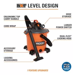 RIDGID HD1640A 16 Gallon 5.0 Peak HP NXT Wet/Dry Shop Vacuum with Two Filters, 2pk Dust Bags, Hose, Diffuser and Three Accessories