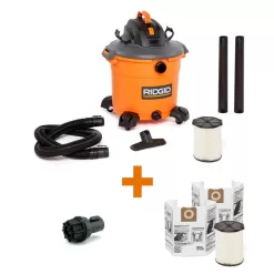 RIDGID HD1640A 16 Gallon 5.0 Peak HP NXT Wet/Dry Shop Vacuum with Two Filters, 2pk Dust Bags, Hose, Diffuser and Three Accessories