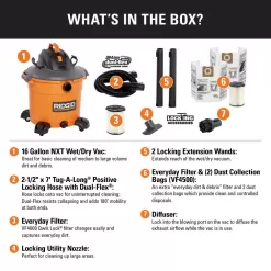 RIDGID HD1640A 16 Gallon 5.0 Peak HP NXT Wet/Dry Shop Vacuum with Two Filters, 2pk Dust Bags, Hose, Diffuser and Three Accessories