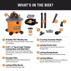 RIDGID HD1640B 16 Gallon 5.0 Peak HP NXT Wet/Dry Shop Vacuum with Standard Filter, Locking Hose, Diffuser and Five Accessories