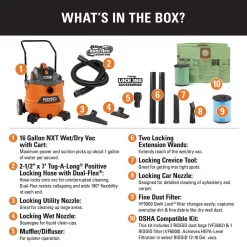 RIDGID HD1800A 16 Gallon 6.5 Peak HP NXT Wet/Dry Shop Vacuum, Fine Dust Filter, Locking Hose, Accessories, OSHA and HEPA Filtration Kit