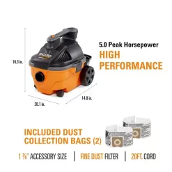RIDGID WD4070D 4 Gallon 5.0 Peak HP Portable Wet/Dry Shop Vacuum with Fine Dust Filter, Dust Bags, Locking Hose and Accessories