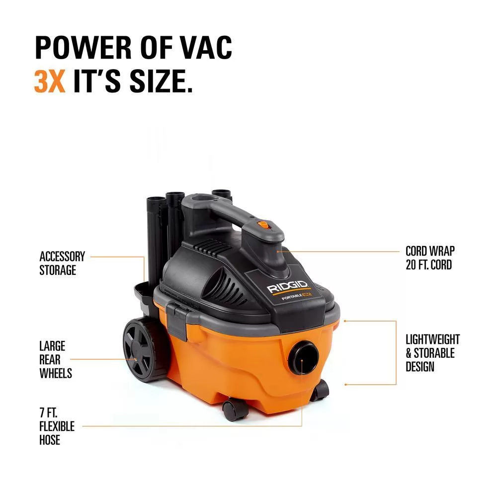 RIDGID WD4070D 4 Gallon 5.0 Peak HP Portable Wet/Dry Shop Vacuum with Fine Dust Filter, Dust Bags, Locking Hose and Accessories
