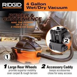 RIDGID WD4070D 4 Gallon 5.0 Peak HP Portable Wet/Dry Shop Vacuum with Fine Dust Filter, Dust Bags, Locking Hose and Accessories