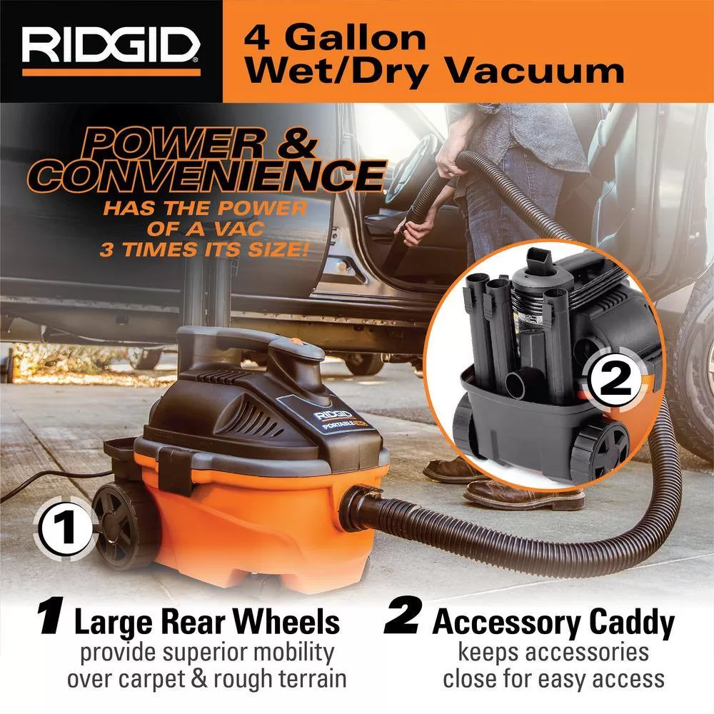 RIDGID WD4070D 4 Gallon 5.0 Peak HP Portable Wet/Dry Shop Vacuum with Fine Dust Filter, Dust Bags, Locking Hose and Accessories