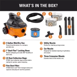 RIDGID WD4070D 4 Gallon 5.0 Peak HP Portable Wet/Dry Shop Vacuum with Fine Dust Filter, Dust Bags, Locking Hose and Accessories