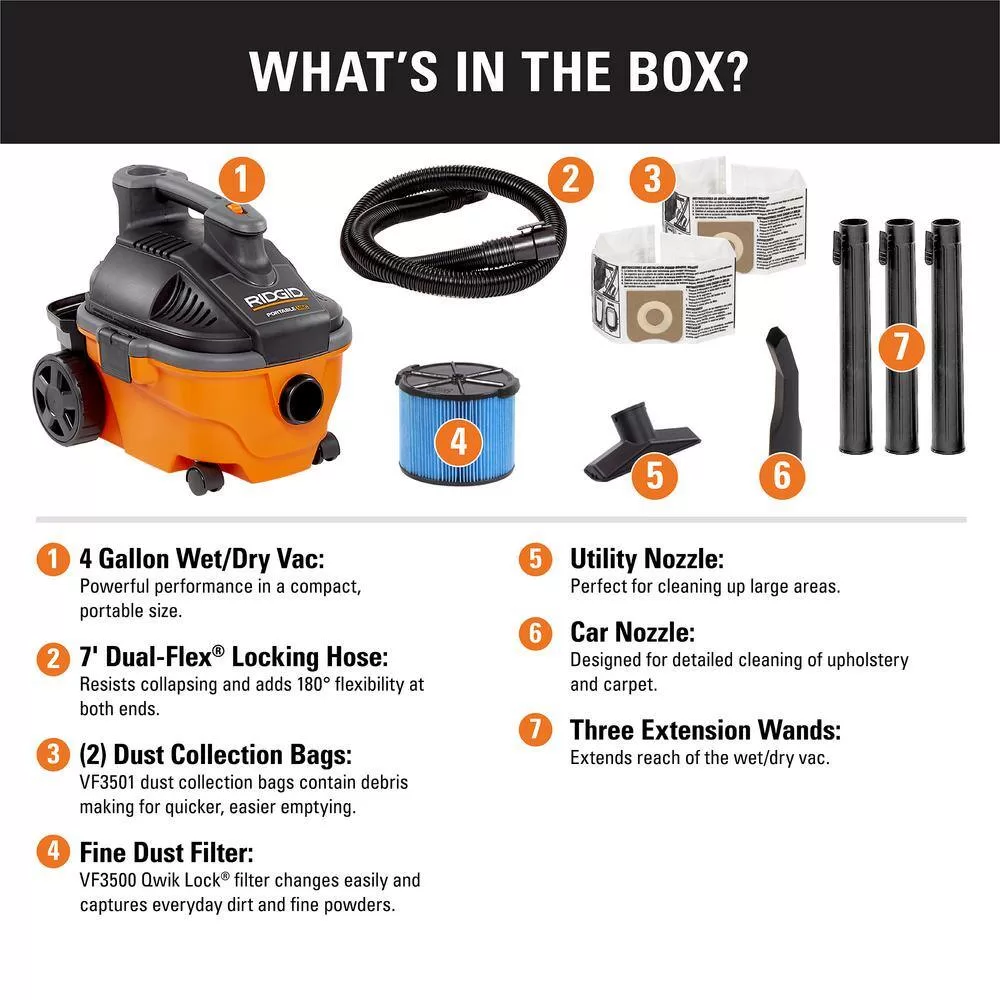RIDGID WD4070D 4 Gallon 5.0 Peak HP Portable Wet/Dry Shop Vacuum with Fine Dust Filter, Dust Bags, Locking Hose and Accessories
