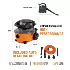 RIDGID 4 Gal. 6.0 Peak HP Wet/Dry Shop Vacuum with Detachable Blower, Fine Dust Filter, Hose, Accessories and Car Cleaning Kit