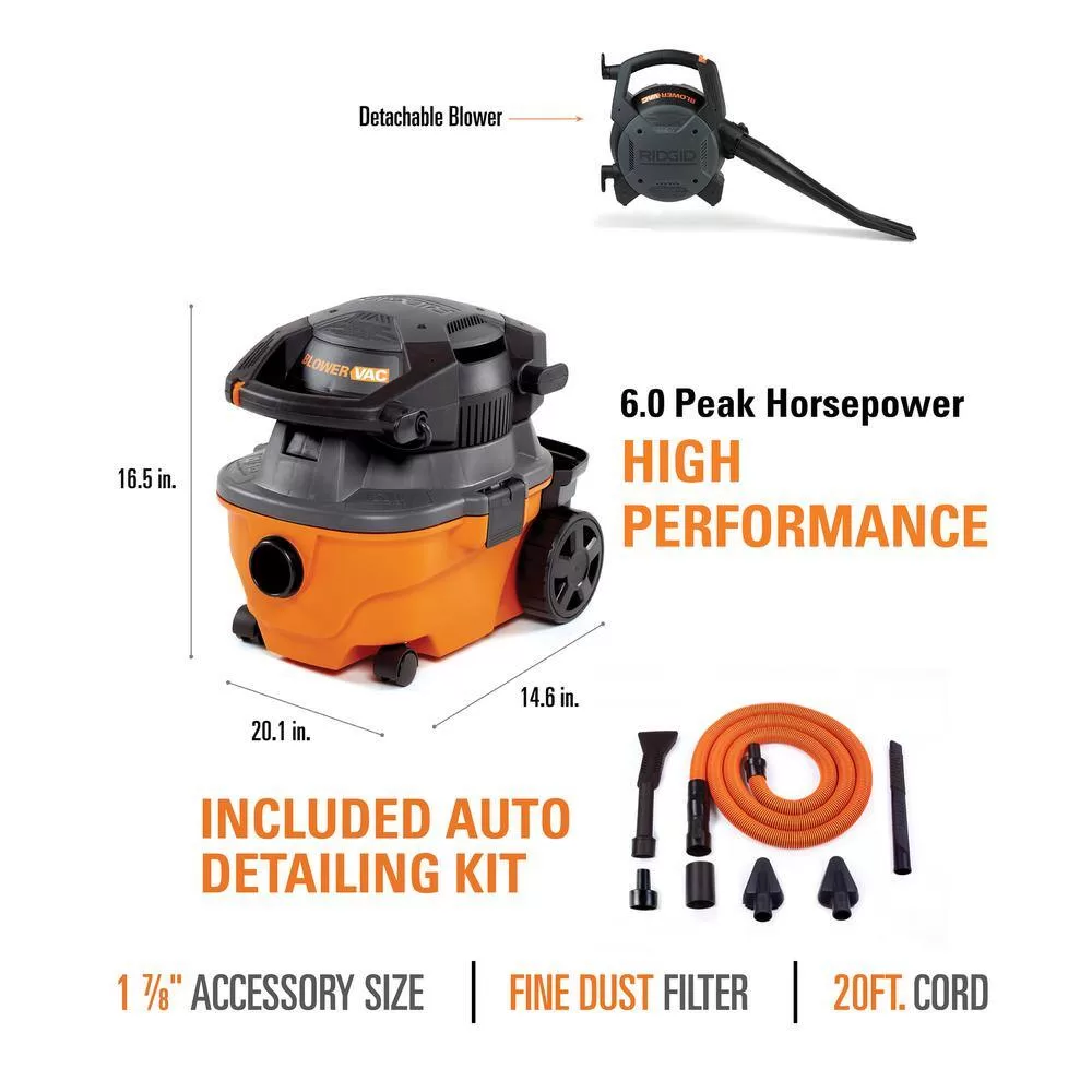 RIDGID 4 Gal. 6.0 Peak HP Wet/Dry Shop Vacuum with Detachable Blower, Fine Dust Filter, Hose, Accessories and Car Cleaning Kit
