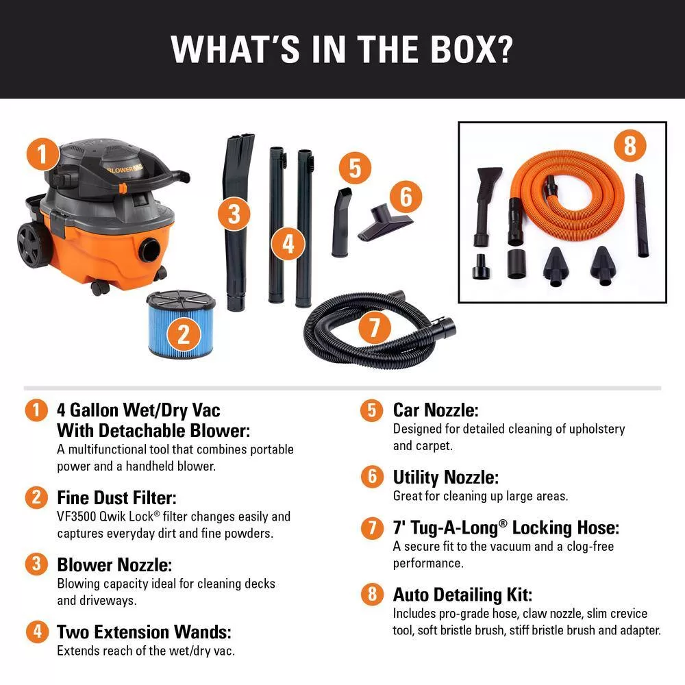 RIDGID 4 Gal. 6.0 Peak HP Wet/Dry Shop Vacuum with Detachable Blower, Fine Dust Filter, Hose, Accessories and Car Cleaning Kit