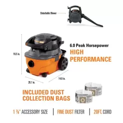 RIDGID WD4080B 4 Gallon 6.0 Peak HP Wet/Dry Shop Vacuum with Detachable Blower, Fine Dust Filter, Two Dust Bags, Hose, and Accessories