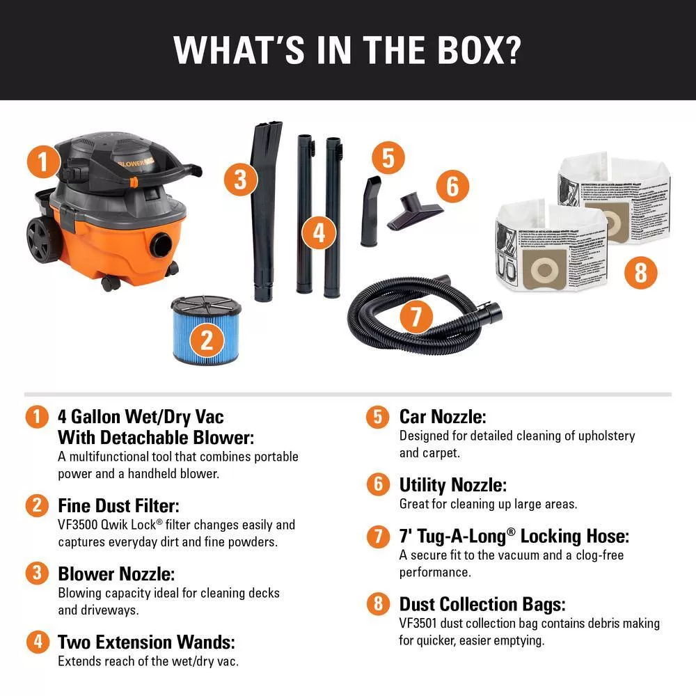 RIDGID WD4080B 4 Gallon 6.0 Peak HP Wet/Dry Shop Vacuum with Detachable Blower, Fine Dust Filter, Two Dust Bags, Hose, and Accessories