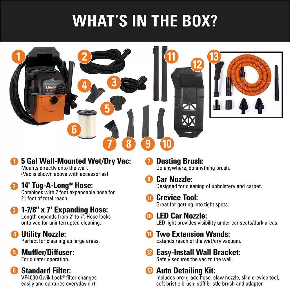 RIDGID WD5500B 5 Gal. 5.0 Peak HP Portable Wall-Mountable Wet/Dry Shop Vacuum with LED Lighted Car Nozzle and Premium Car Cleaning Kit