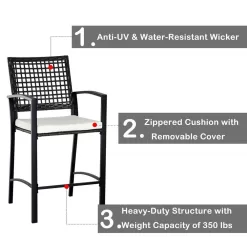 Outsunny 3-Piece All-Weather Steel Patio Outdoor Bar Bistro Furniture Set with White Cushions, Middle Table