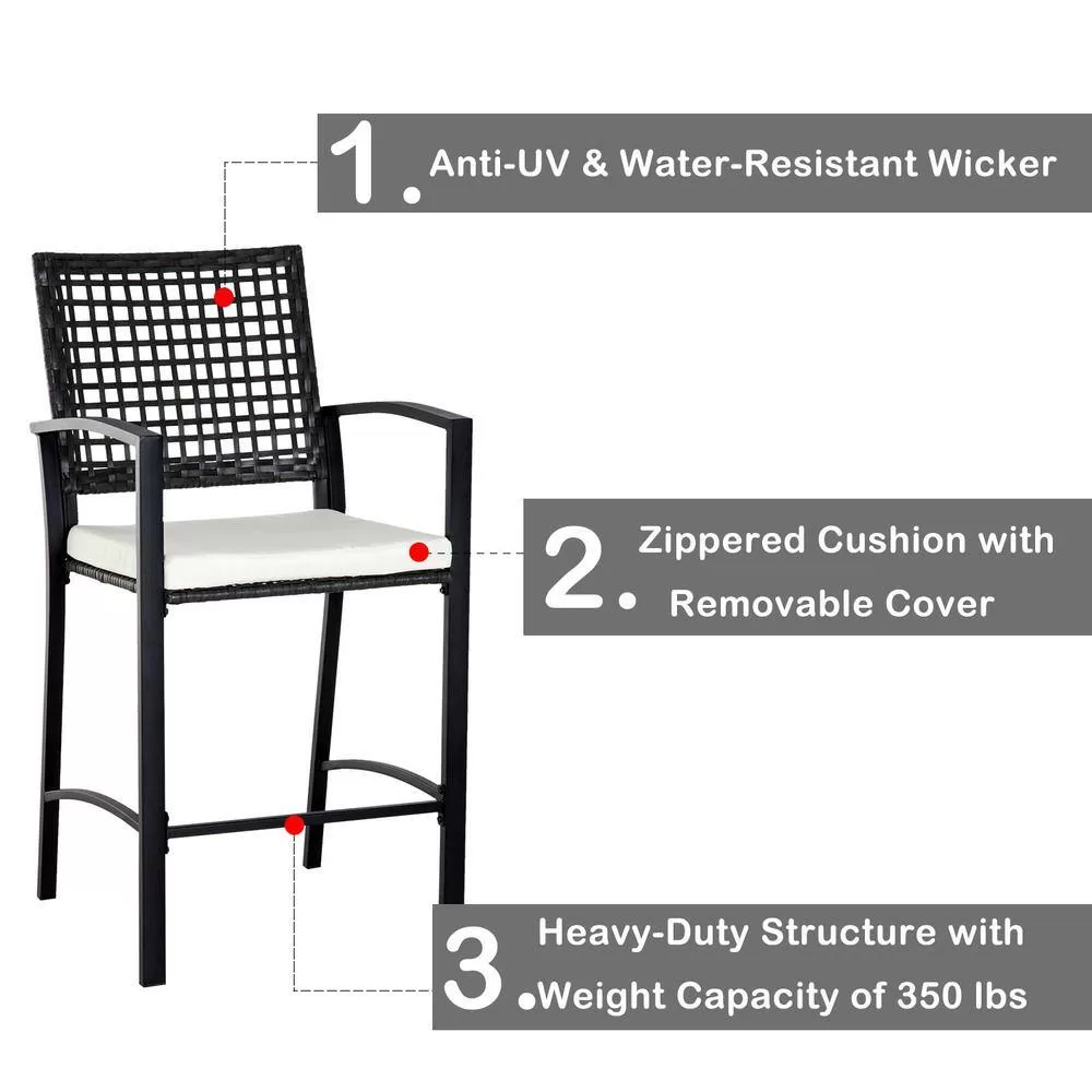 Outsunny 3-Piece All-Weather Steel Patio Outdoor Bar Bistro Furniture Set with White Cushions, Middle Table
