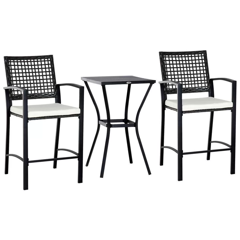 Outsunny 3-Piece All-Weather Steel Patio Outdoor Bar Bistro Furniture Set with White Cushions, Middle Table