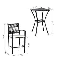 Outsunny 3-Piece All-Weather Steel Patio Outdoor Bar Bistro Furniture Set with White Cushions, Middle Table