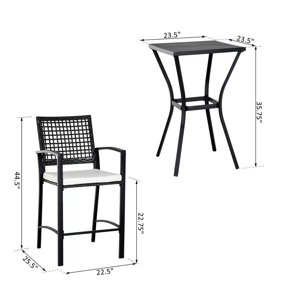 Outsunny 3-Piece All-Weather Steel Patio Outdoor Bar Bistro Furniture Set with White Cushions, Middle Table