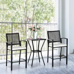 Outsunny 3-Piece All-Weather Steel Patio Outdoor Bar Bistro Furniture Set with White Cushions, Middle Table