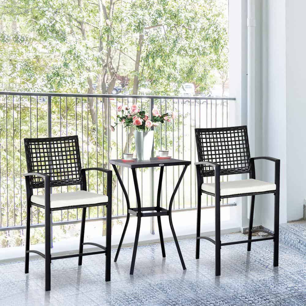 Outsunny 3-Piece All-Weather Steel Patio Outdoor Bar Bistro Furniture Set with White Cushions, Middle Table