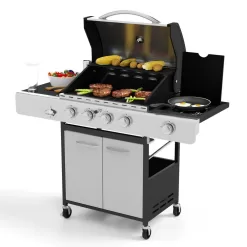 PHI VILLA THD-E2GR1 4-Burner Propane Gas Grill in Stainless Steel with Side Burner Regulator and Hose