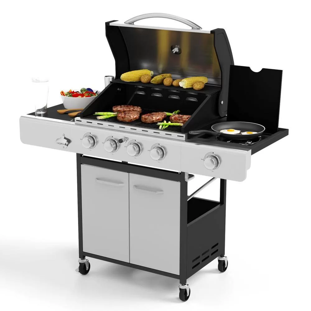 PHI VILLA THD-E2GR1 4-Burner Propane Gas Grill in Stainless Steel with Side Burner Regulator and Hose