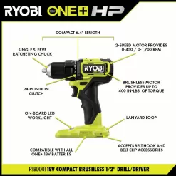 RYOBI PSBDD01K-PSBRA02B ONE+ HP 18V Brushless Cordless Compact 1/2 in. Drill/Driver, 3/8 in. Right Angle Drill, (2) Batteries, Charger, and Bag