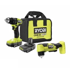 RYOBI PSBDD01K-PSBRA02B ONE+ HP 18V Brushless Cordless Compact 1/2 in. Drill/Driver, 3/8 in. Right Angle Drill, (2) Batteries, Charger, and Bag
