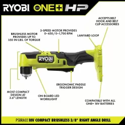 RYOBI PSBDD01K-PSBRA02B ONE+ HP 18V Brushless Cordless Compact 1/2 in. Drill/Driver, 3/8 in. Right Angle Drill, (2) Batteries, Charger, and Bag