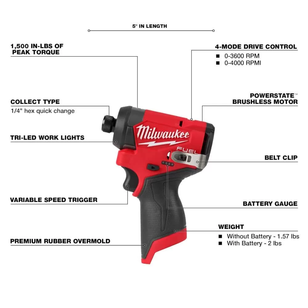 Milwaukee 3453-22HSR M12 FUEL 12V Lithium-Ion Cordless 3/8 in. Ratchet and 1/4 in. Impact Driver Kit (2-Tool) w/Batteries, Charger & Bag