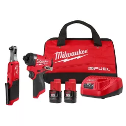 Milwaukee 3453-22HSR M12 FUEL 12V Lithium-Ion Cordless 3/8 in. Ratchet and 1/4 in. Impact Driver Kit (2-Tool) w/Batteries, Charger & Bag