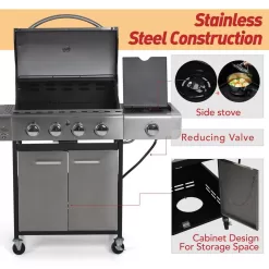 PHI VILLA THD-E02GR001 4-Burner Portable Propane Gas Grill in Stainless Steel with Side Burner and Fixed Side Tables