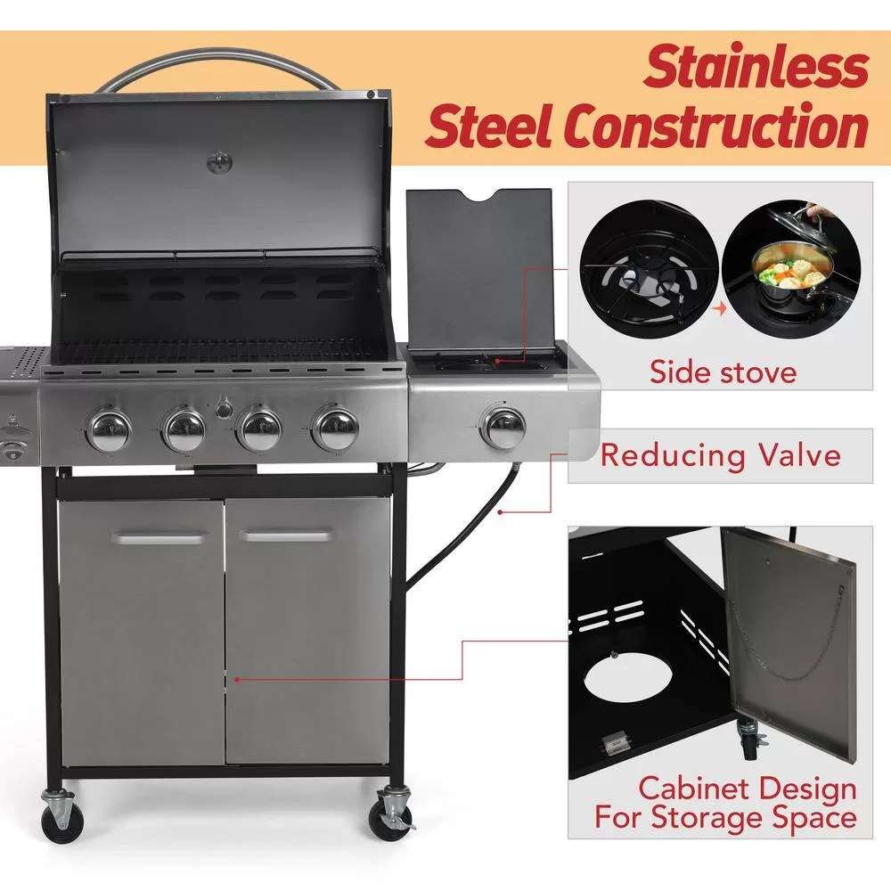 PHI VILLA THD-E02GR001 4-Burner Portable Propane Gas Grill in Stainless Steel with Side Burner and Fixed Side Tables