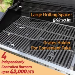 PHI VILLA THD-E02GR001 4-Burner Portable Propane Gas Grill in Stainless Steel with Side Burner and Fixed Side Tables